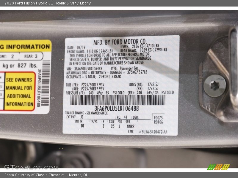 Iconic Silver / Ebony 2020 Ford Fusion Hybrid SE