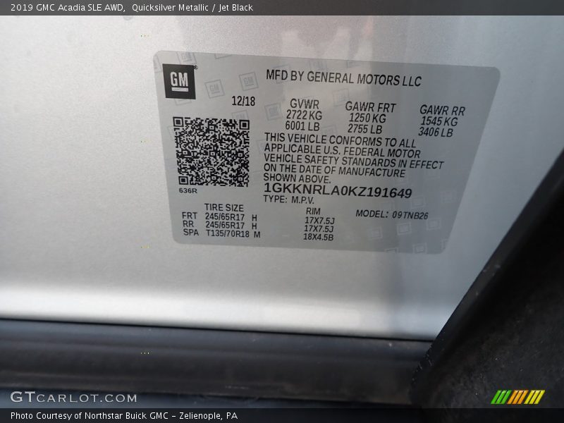 Quicksilver Metallic / Jet Black 2019 GMC Acadia SLE AWD