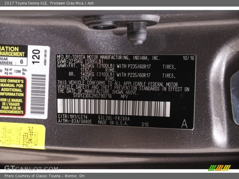 Predawn Gray Mica / Ash 2017 Toyota Sienna XLE