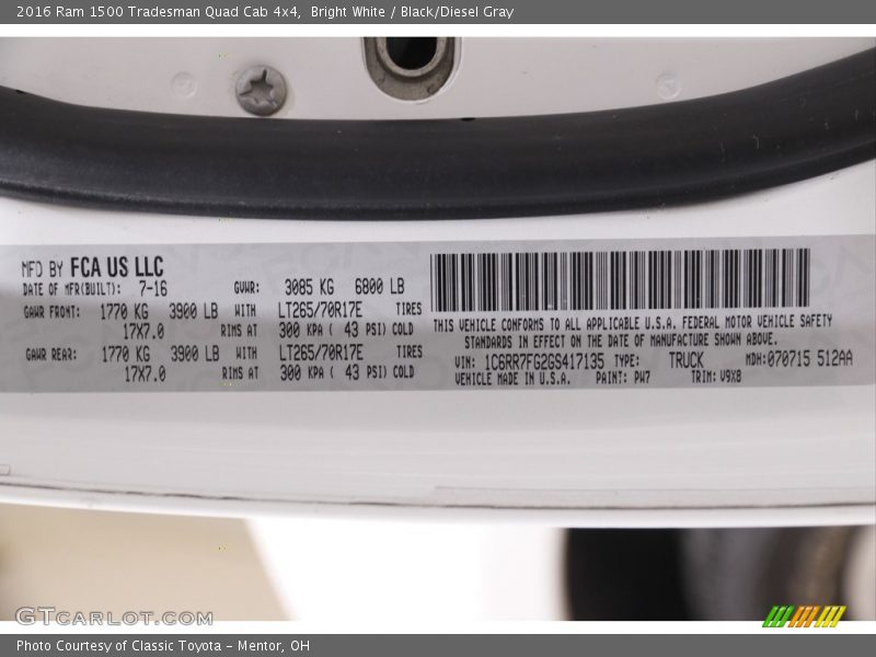 2016 1500 Tradesman Quad Cab 4x4 Bright White Color Code PW7