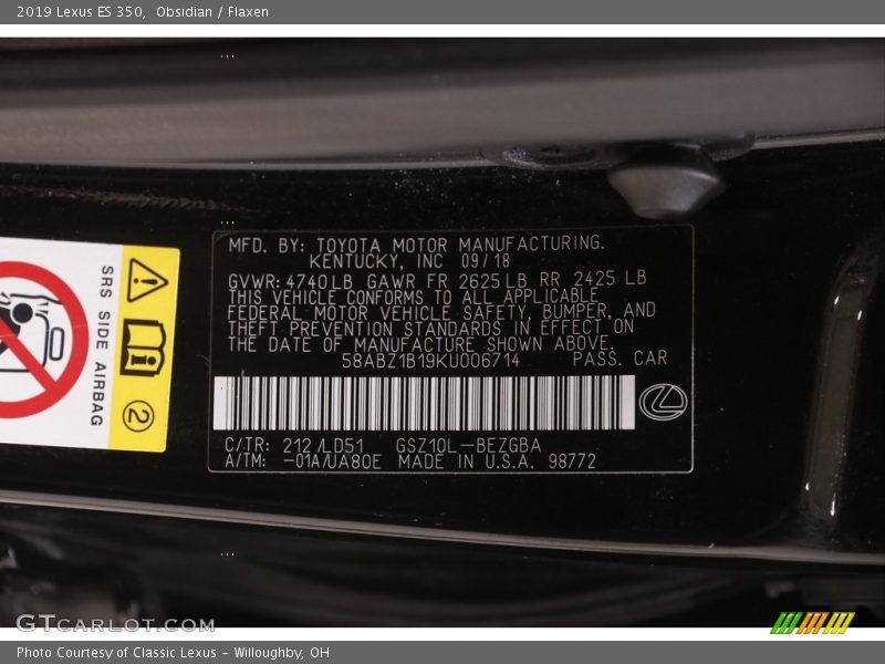 2019 ES 350 Obsidian Color Code 212