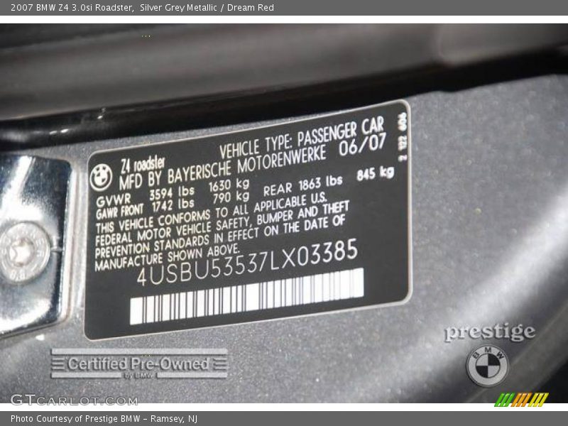 Silver Grey Metallic / Dream Red 2007 BMW Z4 3.0si Roadster