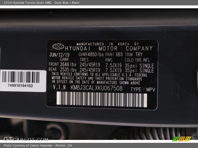 Dusk Blue / Black 2019 Hyundai Tucson Sport AWD