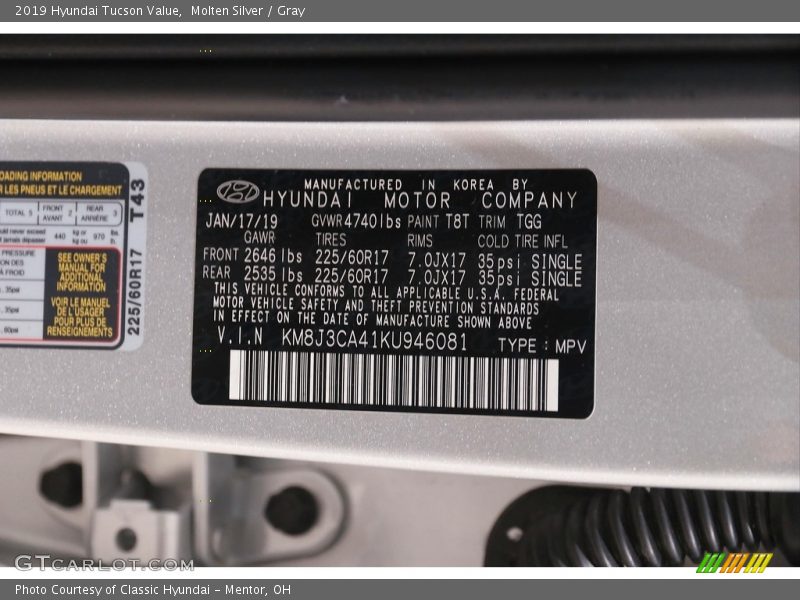 Molten Silver / Gray 2019 Hyundai Tucson Value