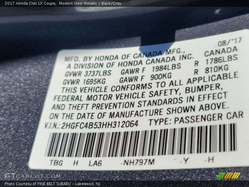 Modern Steel Metallic / Black/Gray 2017 Honda Civic LX Coupe