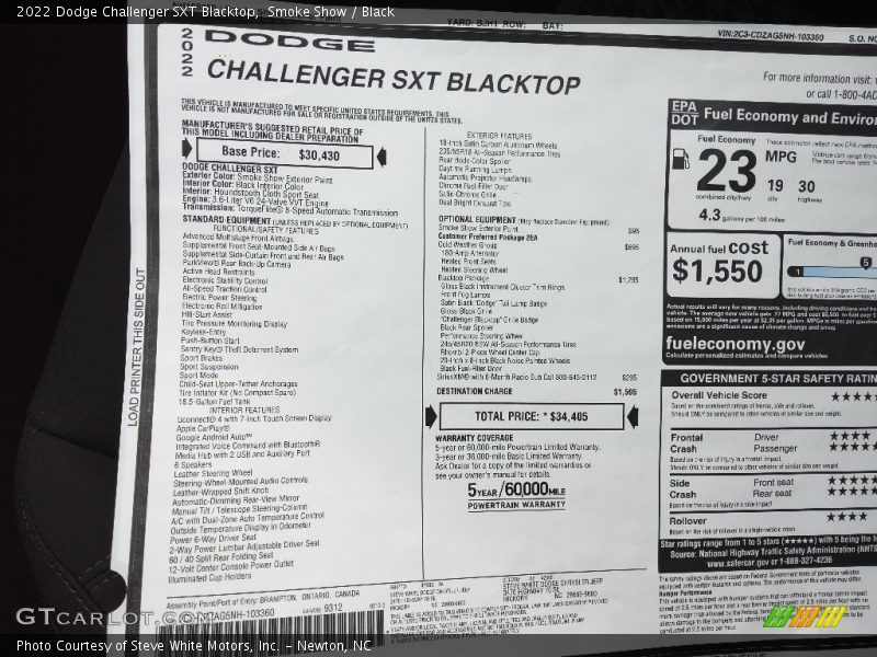  2022 Challenger SXT Blacktop Window Sticker