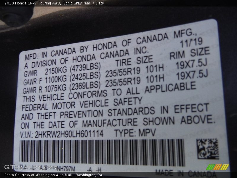 Sonic Gray Pearl / Black 2020 Honda CR-V Touring AWD