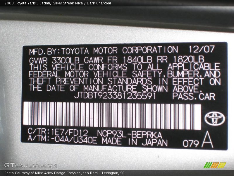 Silver Streak Mica / Dark Charcoal 2008 Toyota Yaris S Sedan