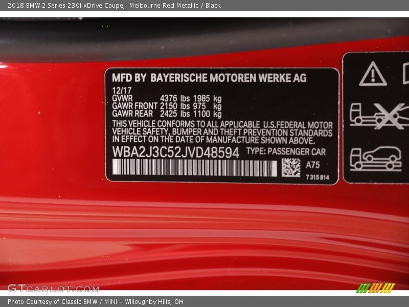 2018 2 Series 230i xDrive Coupe Melbourne Red Metallic Color Code A75