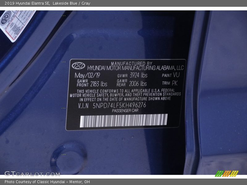 Lakeside Blue / Gray 2019 Hyundai Elantra SE