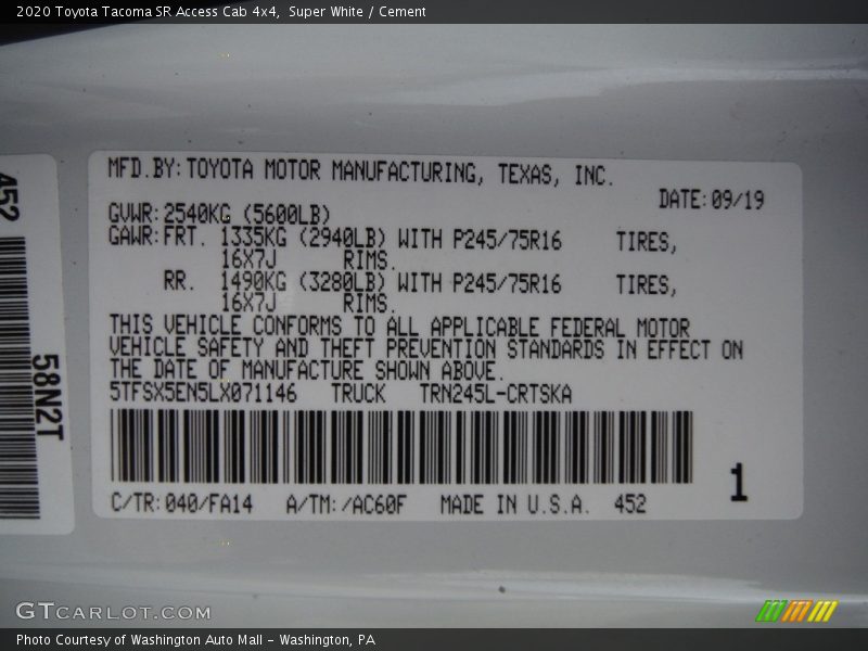 2020 Tacoma SR Access Cab 4x4 Super White Color Code 040