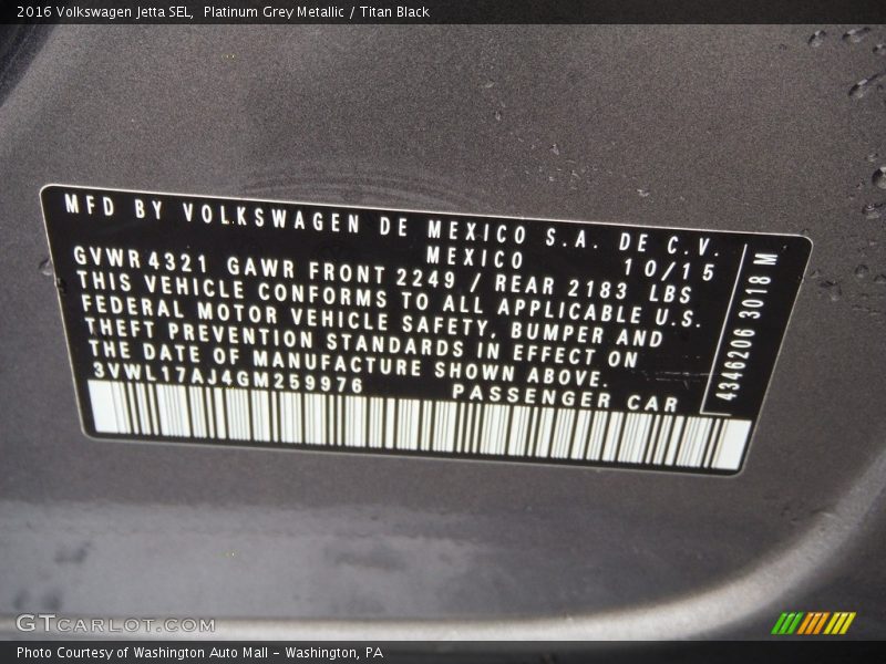 Platinum Grey Metallic / Titan Black 2016 Volkswagen Jetta SEL