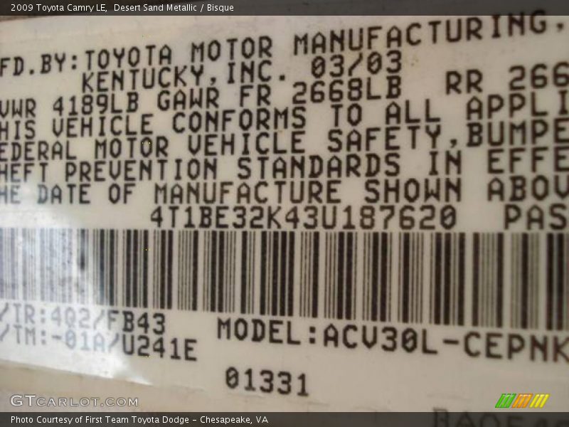 Desert Sand Metallic / Bisque 2009 Toyota Camry LE