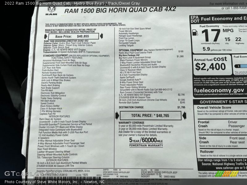  2022 1500 Big Horn Quad Cab Window Sticker