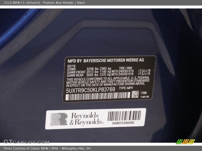 Phytonic Blue Metallic / Black 2019 BMW X3 xDrive30i