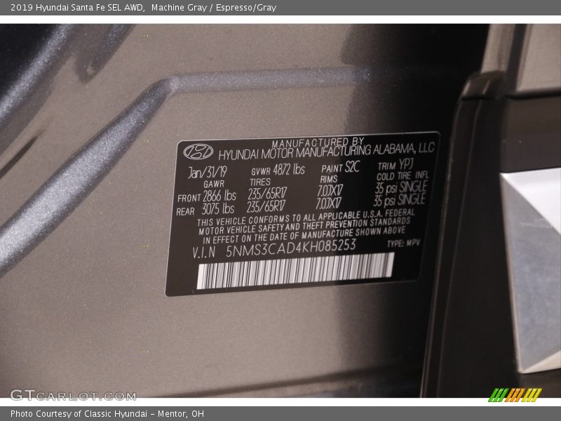 Machine Gray / Espresso/Gray 2019 Hyundai Santa Fe SEL AWD