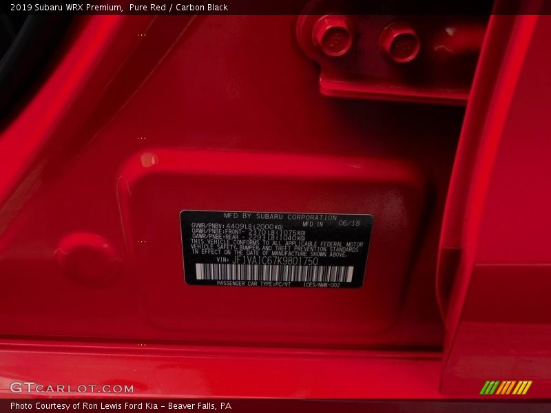 Pure Red / Carbon Black 2019 Subaru WRX Premium