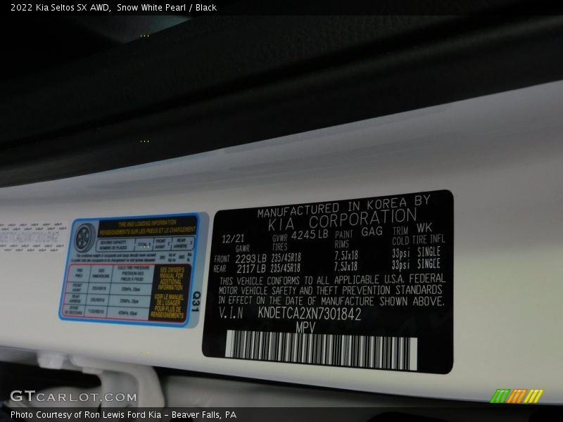 2022 Seltos SX AWD Snow White Pearl Color Code GAG