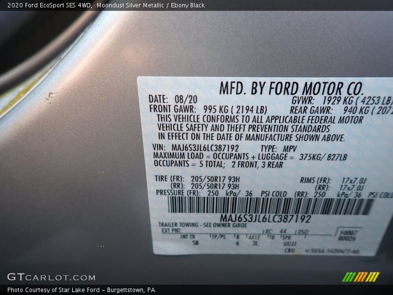 Moondust Silver Metallic / Ebony Black 2020 Ford EcoSport SES 4WD