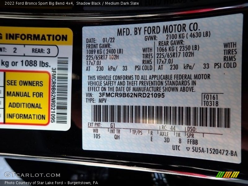 2022 Bronco Sport Big Bend 4x4 Shadow Black Color Code G1