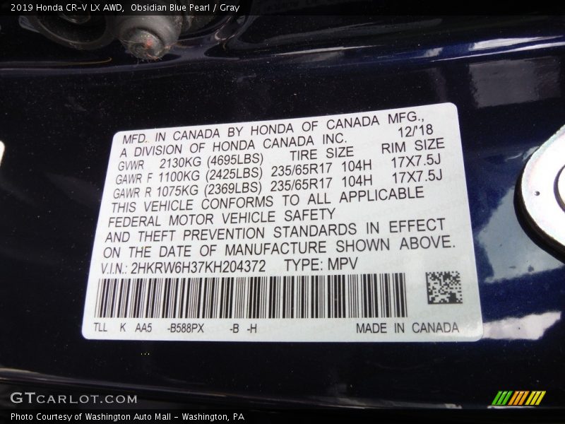 Obsidian Blue Pearl / Gray 2019 Honda CR-V LX AWD