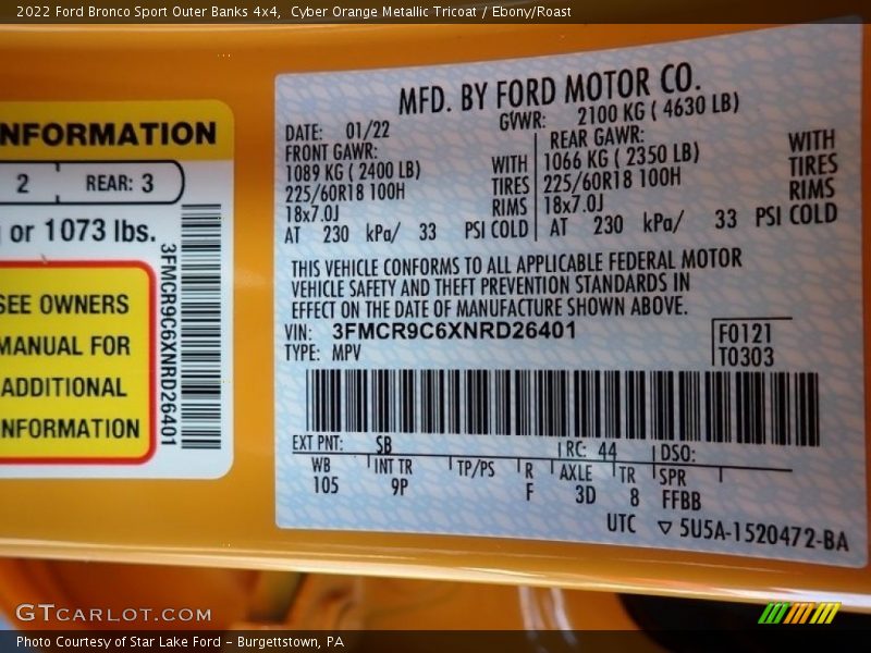 2022 Bronco Sport Outer Banks 4x4 Cyber Orange Metallic Tricoat Color Code SB