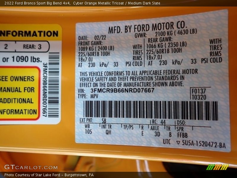 2022 Bronco Sport Big Bend 4x4 Cyber Orange Metallic Tricoat Color Code SB