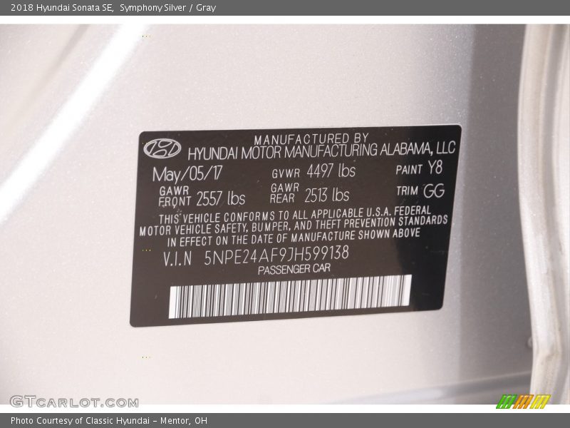 Symphony Silver / Gray 2018 Hyundai Sonata SE