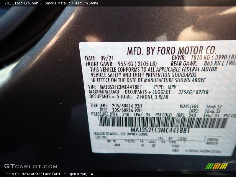 Smoke Metallic / Medium Stone 2021 Ford EcoSport S