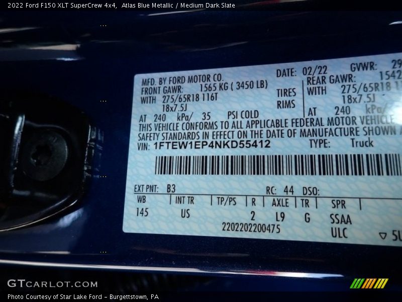 2022 F150 XLT SuperCrew 4x4 Atlas Blue Metallic Color Code B3