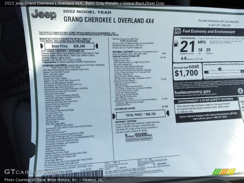 Baltic Gray Metallic / Global Black/Steel Gray 2022 Jeep Grand Cherokee L Overland 4x4