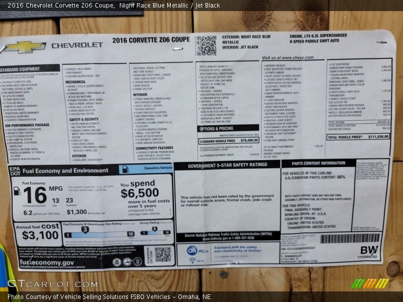  2016 Corvette Z06 Coupe Window Sticker