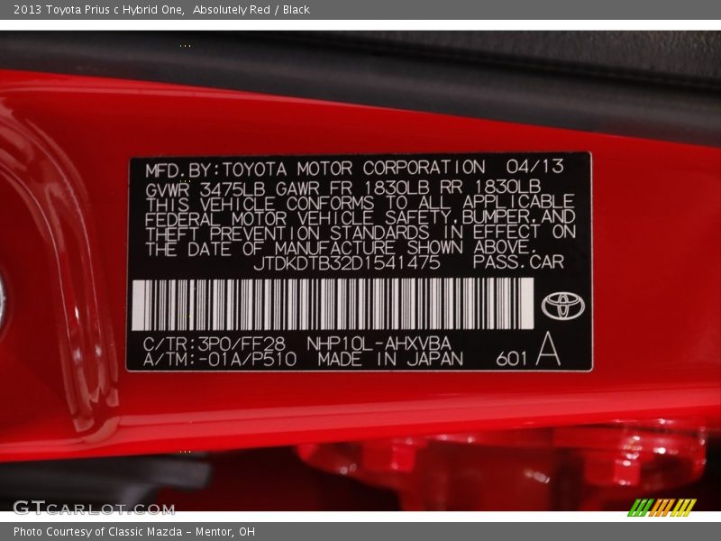2013 Prius c Hybrid One Absolutely Red Color Code 3P0