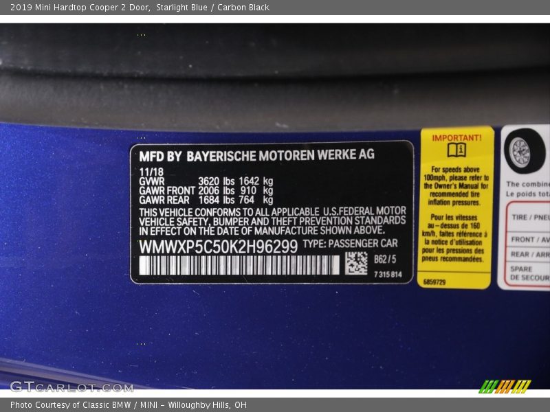 Starlight Blue / Carbon Black 2019 Mini Hardtop Cooper 2 Door
