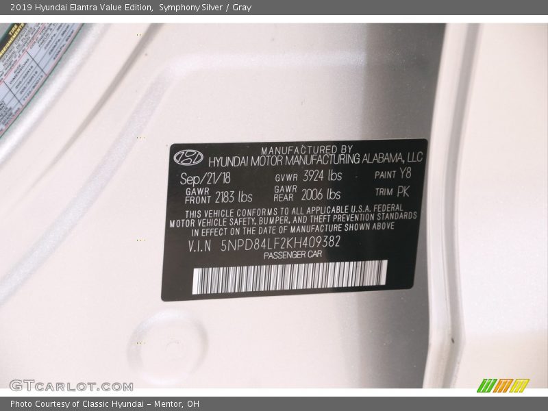 Symphony Silver / Gray 2019 Hyundai Elantra Value Edition