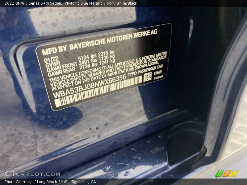 2022 5 Series 540i Sedan Phytonic Blue Metallic Color Code C1M