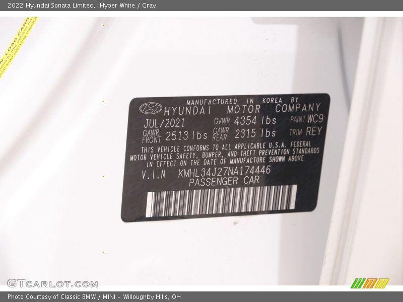2022 Sonata Limited Hyper White Color Code WC9