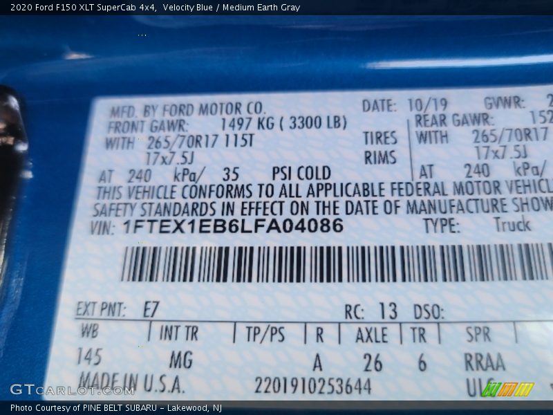 2020 F150 XLT SuperCab 4x4 Velocity Blue Color Code E7