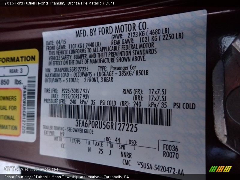 2016 Fusion Hybrid Titanium Bronze Fire Metallic Color Code H9
