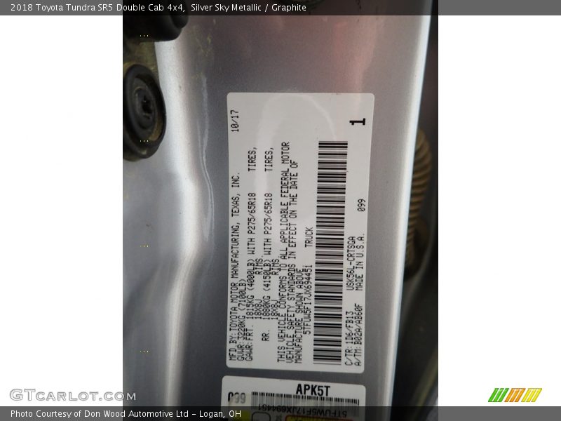 Silver Sky Metallic / Graphite 2018 Toyota Tundra SR5 Double Cab 4x4