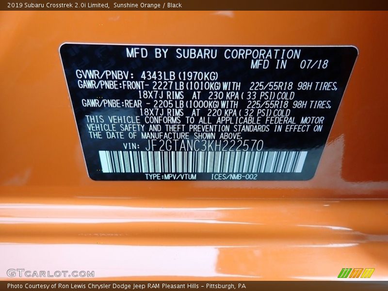 Sunshine Orange / Black 2019 Subaru Crosstrek 2.0i Limited