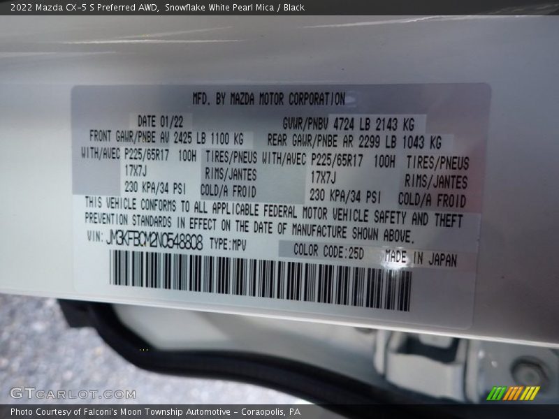 2022 CX-5 S Preferred AWD Snowflake White Pearl Mica Color Code 25D