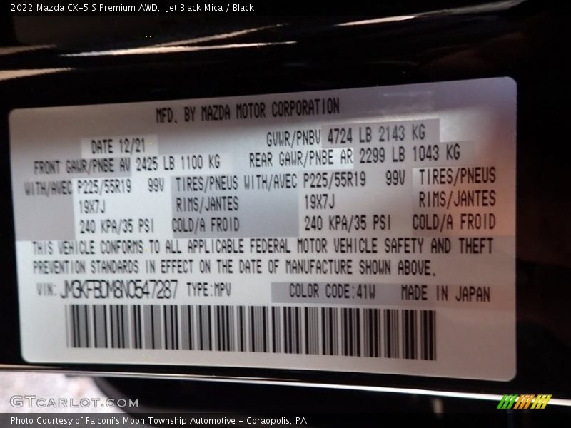 2022 CX-5 S Premium AWD Jet Black Mica Color Code 41W