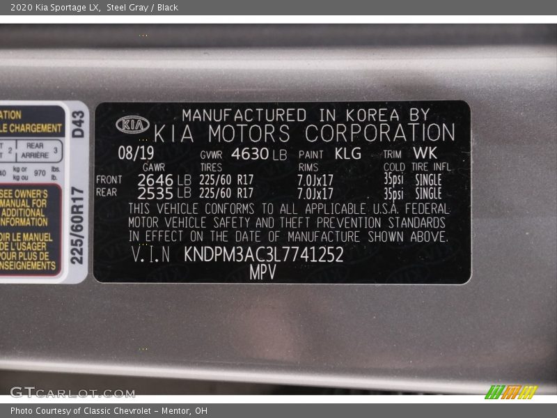 Steel Gray / Black 2020 Kia Sportage LX