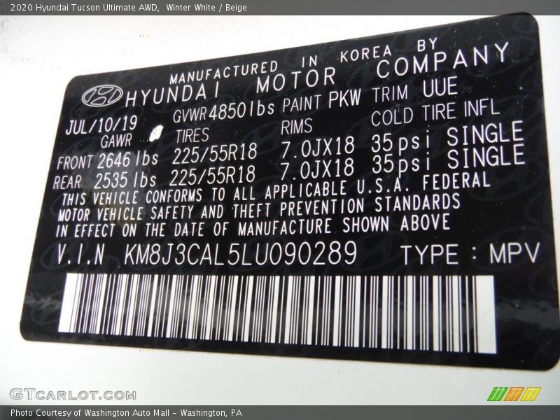 Winter White / Beige 2020 Hyundai Tucson Ultimate AWD