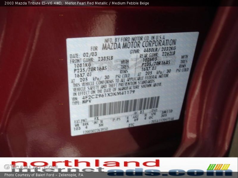 Merlot Pearl Red Metallic / Medium Pebble Beige 2003 Mazda Tribute ES-V6 4WD