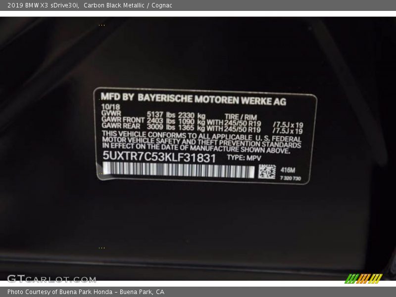 Carbon Black Metallic / Cognac 2019 BMW X3 sDrive30i