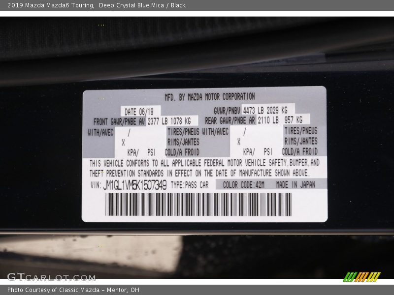 2019 Mazda6 Touring Deep Crystal Blue Mica Color Code 42M