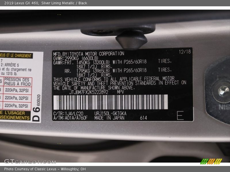 Silver Lining Metallic / Black 2019 Lexus GX 460