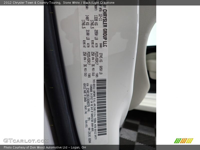 Stone White / Black/Light Graystone 2012 Chrysler Town & Country Touring
